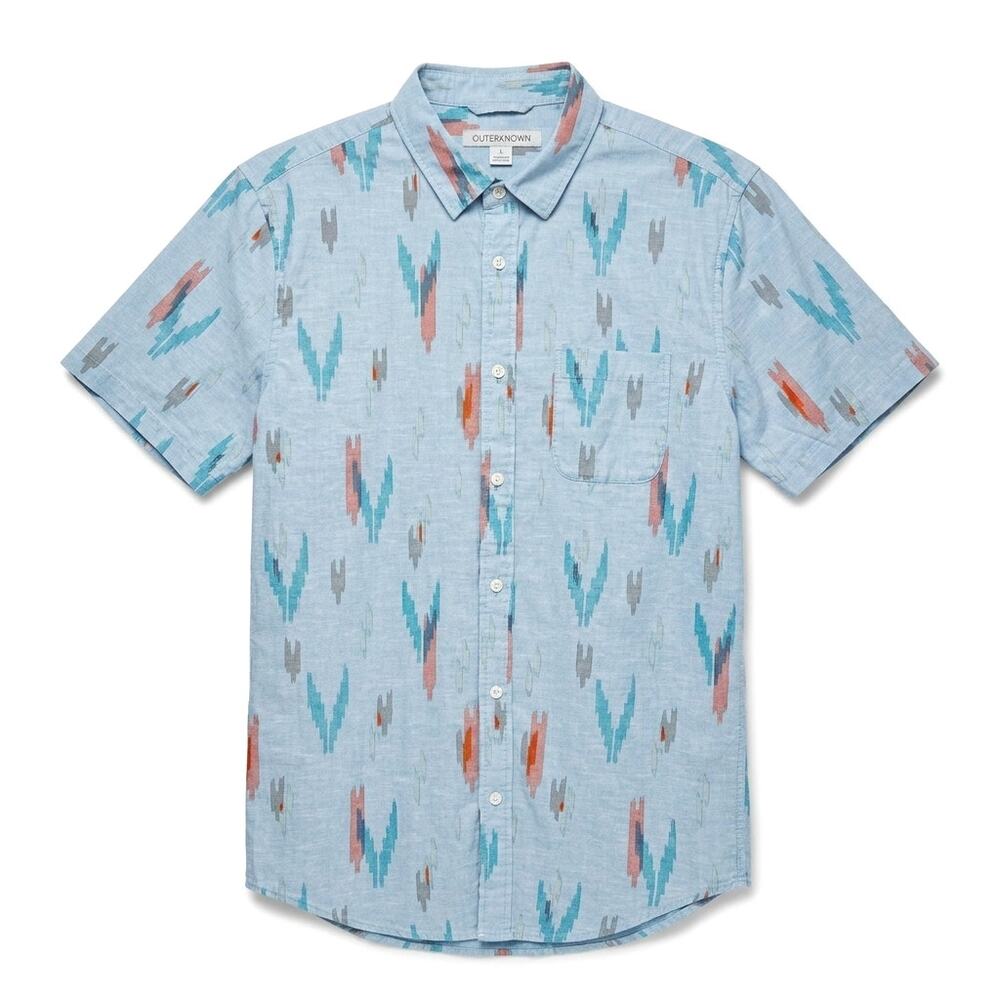 OUTERKNOWN Short Sleeve Studio Shirt Blue Aztec Organic Cotton Hemp Mens Medium